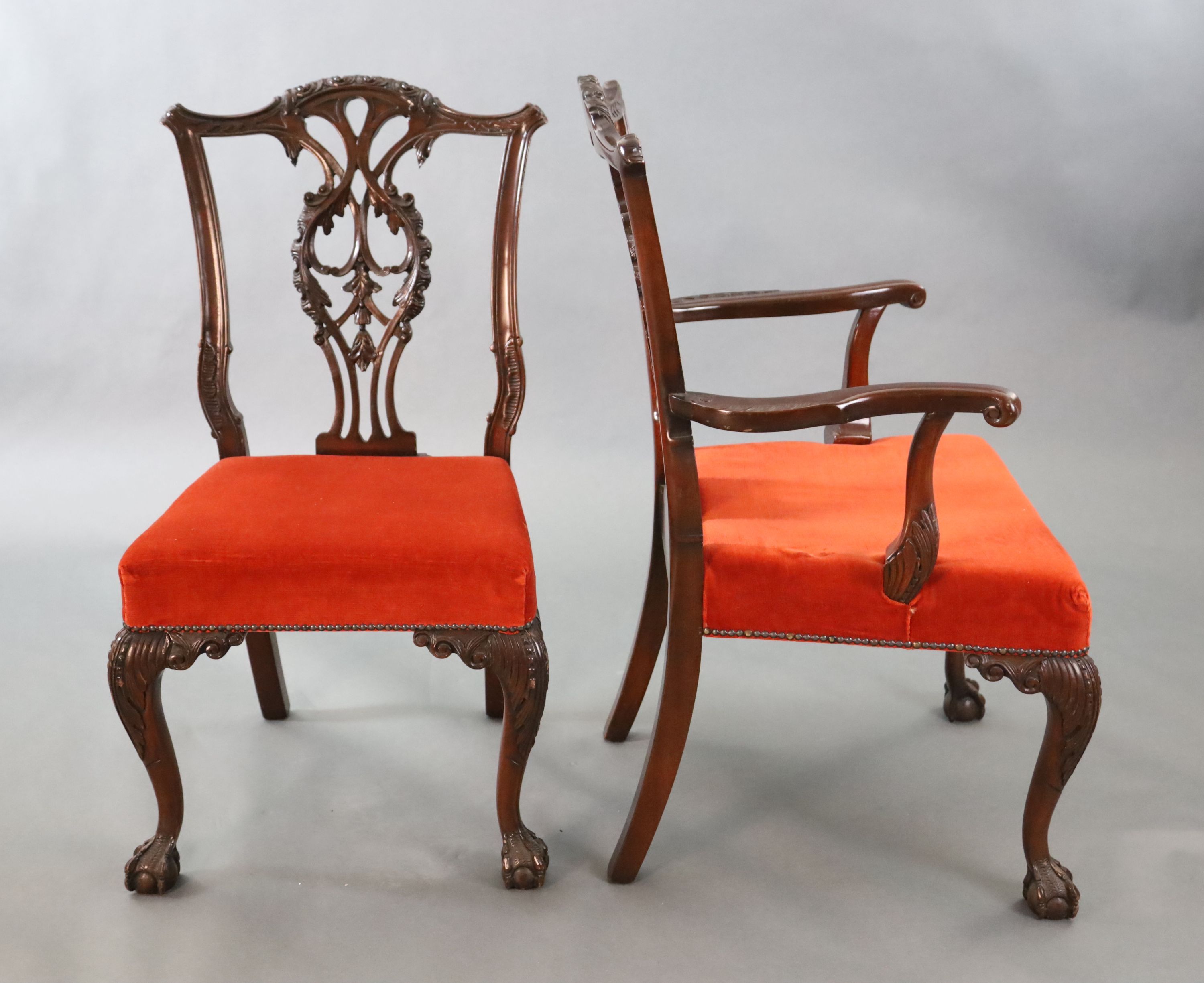 A set of eight Chippendale Revival mahogany dining chairs, carvers W.2ft D.2ft H.3ft 4in.